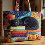 Handcrafted Tote Bag - Black Cat Surrounded by Books and Mugs