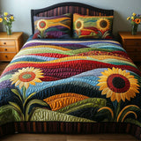 Sunflower Dreams in the Field - 3-Piece Quilted Bedding Set
